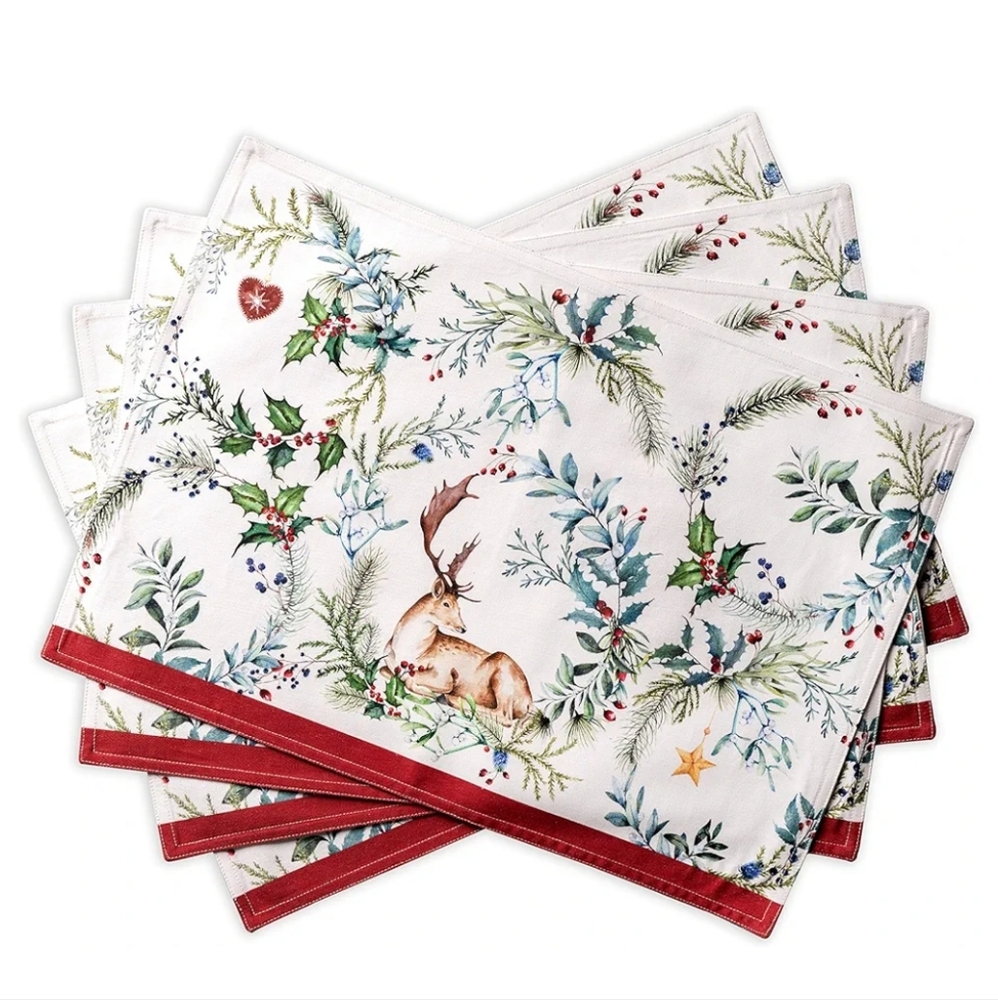 Set of 4 Maison d' Hermine holiday placemats - Holly Time- red, green, ivory
